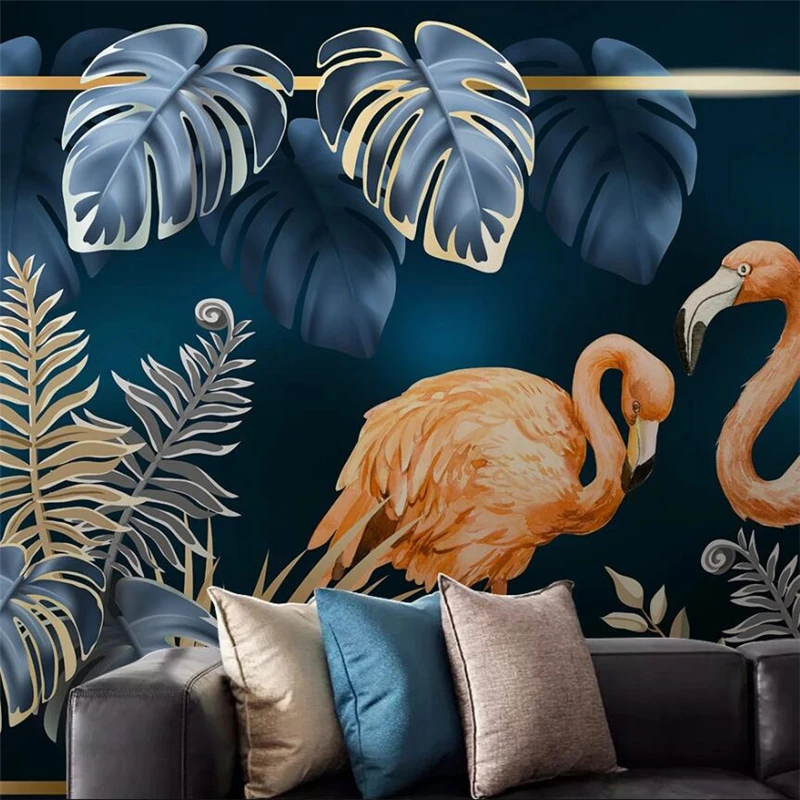 

wellyu papel de parede European creative tropical plant leaves couple flamingo background wall custom large mural wallpaper