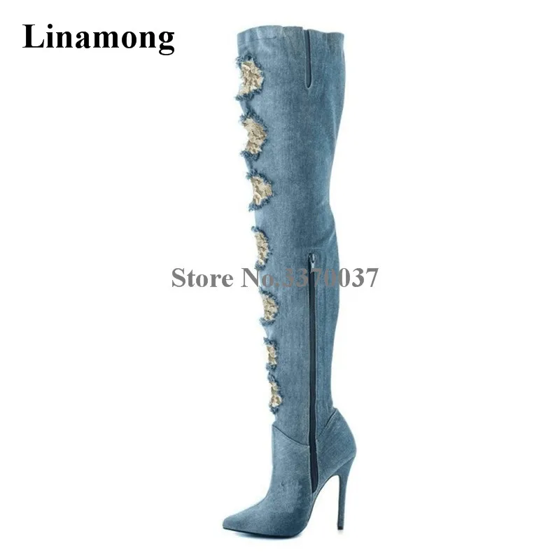 

Women Sexy Pointed Toe Blue Denim Over Knee Gladiator Boots Cut-out Lace Thigh High Heel Boots Stiletto Long Boots