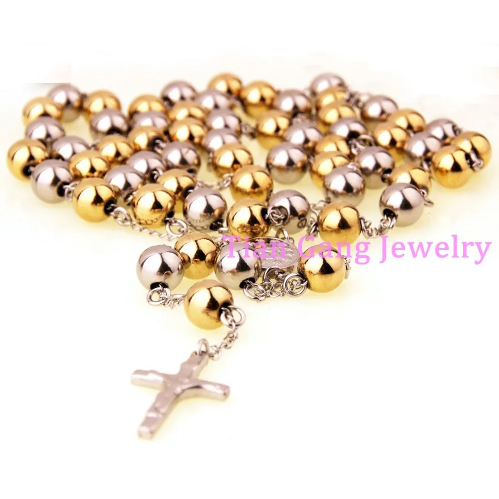 Fashion Religious 4/6/8/10mm Rosary Beads Cross Pendant Necklace 316L Stainless Steel Jewelry Men Womens Jewellery Gift