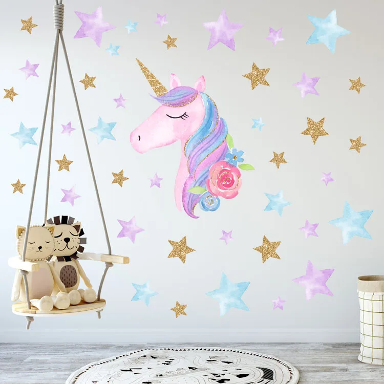 Reflective Hearts Unicorn Stars Wall Sticker  Wall Decal Art Girls Bedroom Nursery Home Decor  FG002 Free Shipping