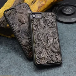 Carved 3D Stereo Ebony Wood Case for iPhone 8 7 TPU Full Protective Cover Phone Case For iPhone 15 14 13 12 11 Pro Max XR XS Max