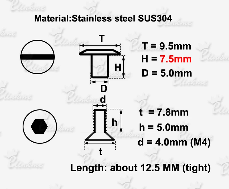 7.5mm Kydex Holster Stainless steel SU304 screw  holster Hardware screw Tek lok buckle screw with Rubber pad for 5mm hole