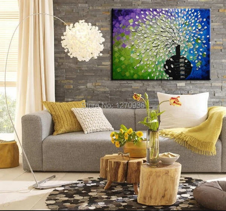 Cheapest Price Good Quality for Dinning Room Decoration Picture Art Handmade Modern Life Tree Oil Painting Canvas White Flower