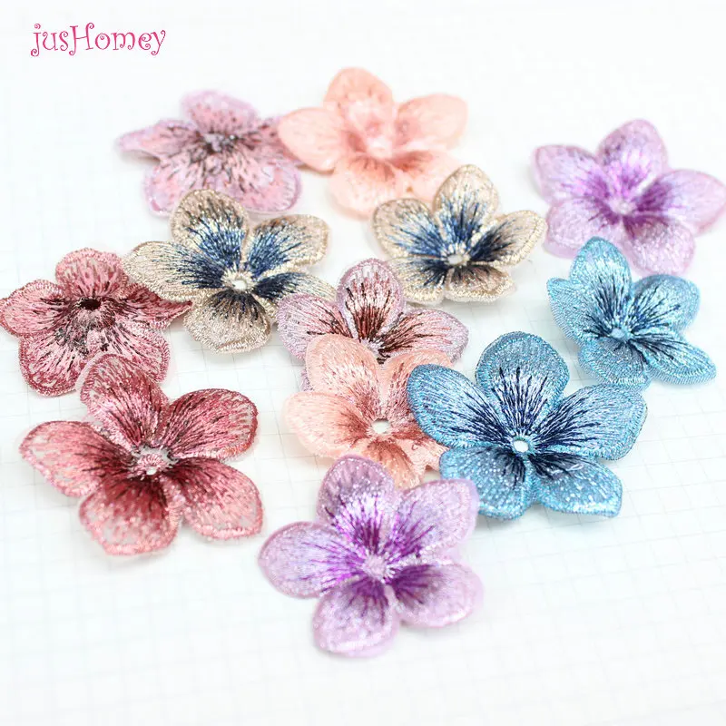 30PCS Boutique Embroidery Five Petals Flower 3D Appliques DIY Accessories 40mm/35mm for Party Decor, Doll Embellishment