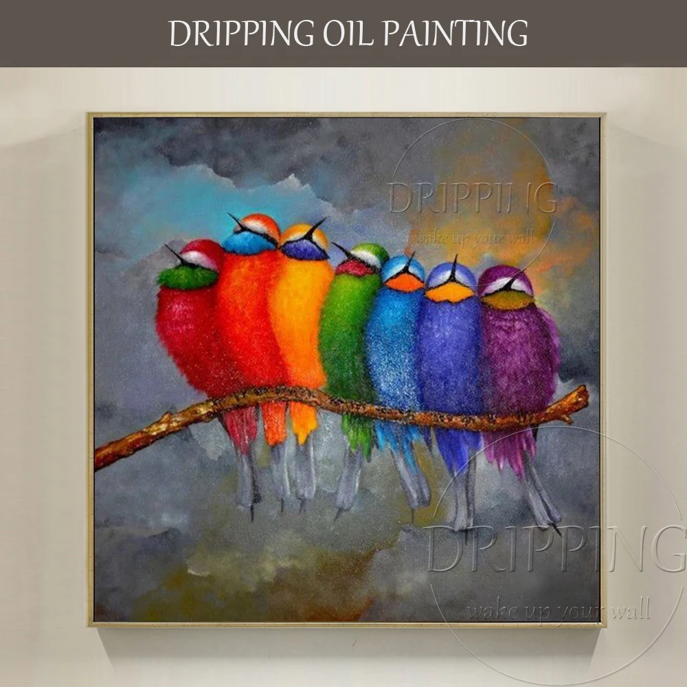 Funny Design Colorful 7 Birds Stay on Branch Oil Painting on Canvas Funny Abstract Birds Oil Painting for Living Room Decoration