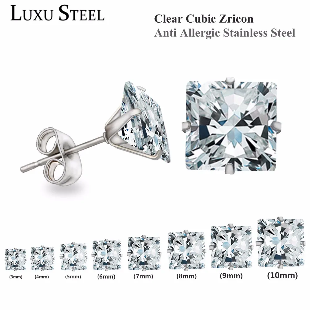 LUXUSTEEL 10Pairs 316L Stainless Steel Different Color Round/Square Shaped Brilliant Cubic Zircon Stud Earrings Sets Bijoux