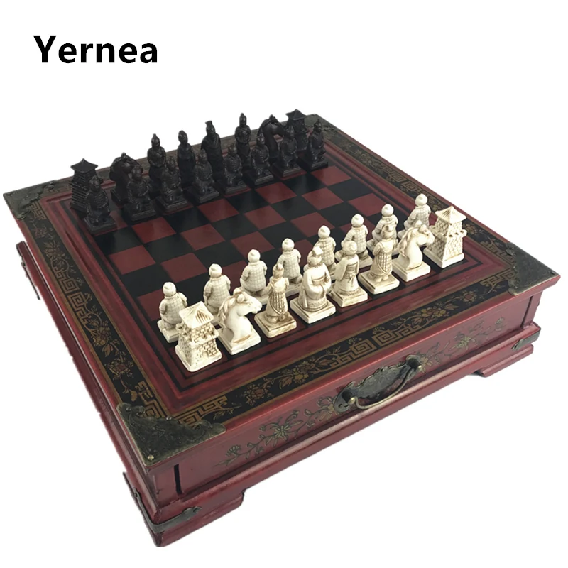 Yernea New Wood Chess Chinese Retro Terracotta Warriors Chess Wood Do old Carving Resin Chessman Christmas Birthday Premium Gift