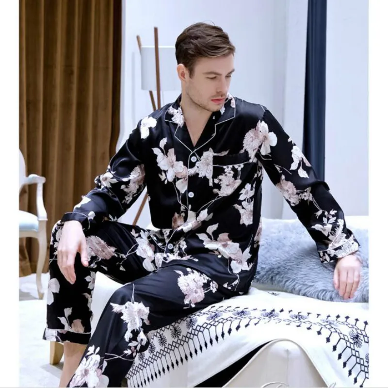 Men's New Large Size Silk Nightgown All Seasons Suit Long-sleeved Shirt+Trousers 2pcs Sleepwear Home Service Ice Silk 2019 J008