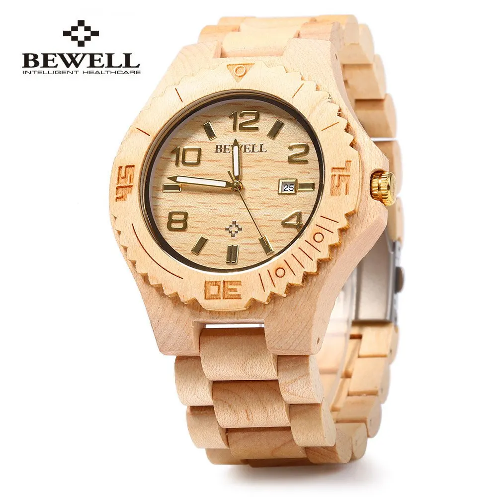 Bewell Wooden Quartz Watch for Men Calendar Luminous Pointers Waterproof Dress Watches Sandalwood relogio