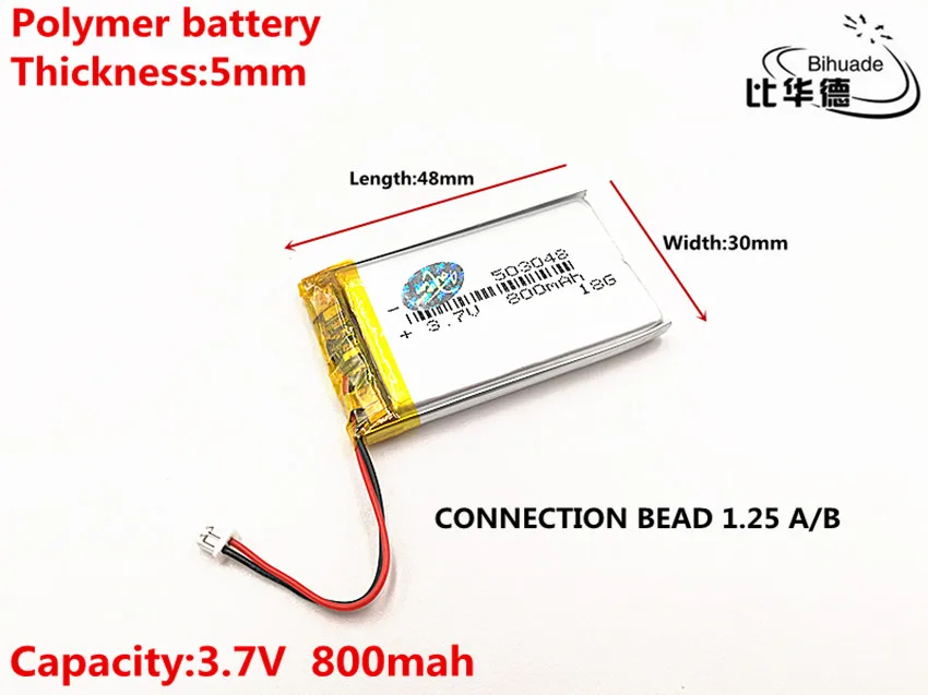 2pcs/lot CONNECTION BEAD 1.25 A/B 3.7V 800mAH 503048 Polymer lithium ion / Li-ion Rechargeable battery for DVR,GPS,mp3,mp4