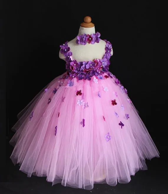 Little Girls Pink Crochet Tutu Dress Kids Fluffy Tulle Wedding Party Dress with Purple Flower Petal Headband Children Long Tutus