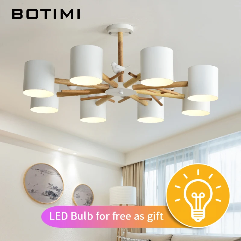 BOTIMI Nordic 220V Birds Chandelier With Metal Lampshade For Living Room Modern Wooden Bedroom Chandeliers