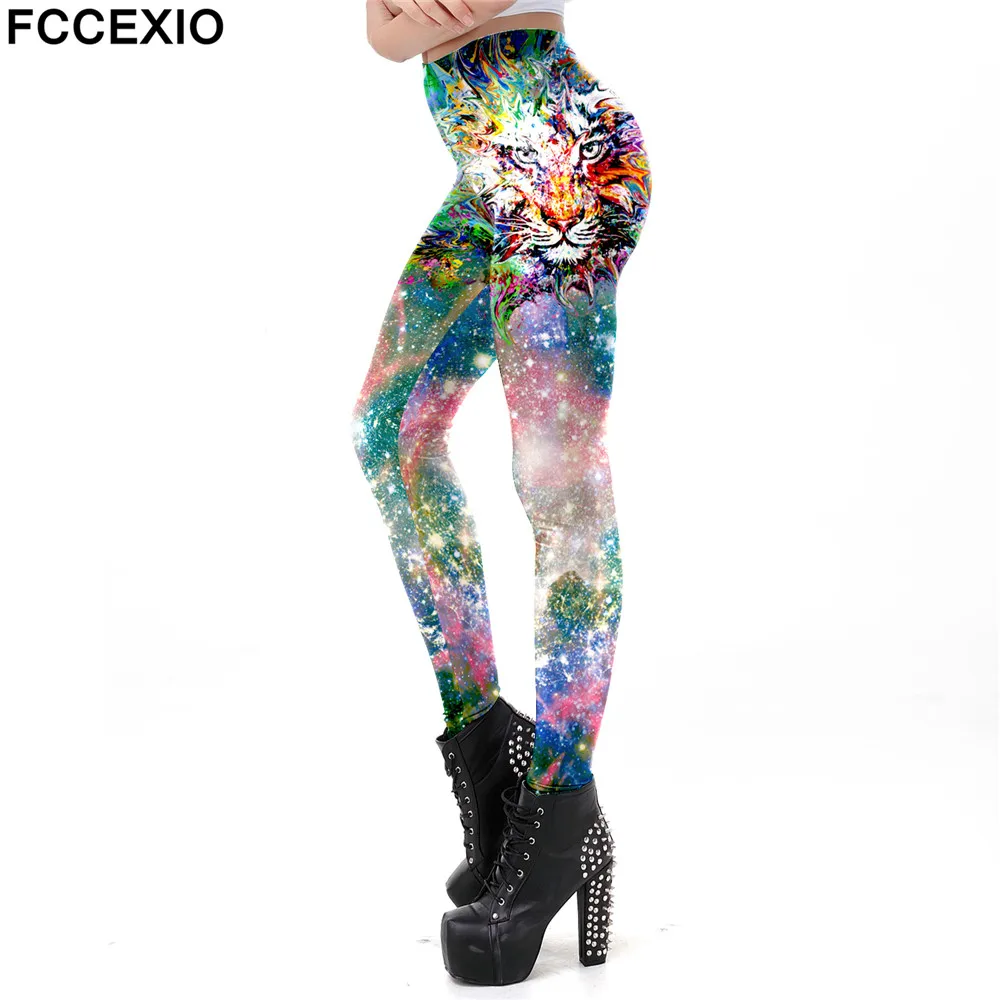 Fccexio novas leggings femininas galaxy tiger cabeça impresso workout legging fitness colorido leggins moda 3d calças