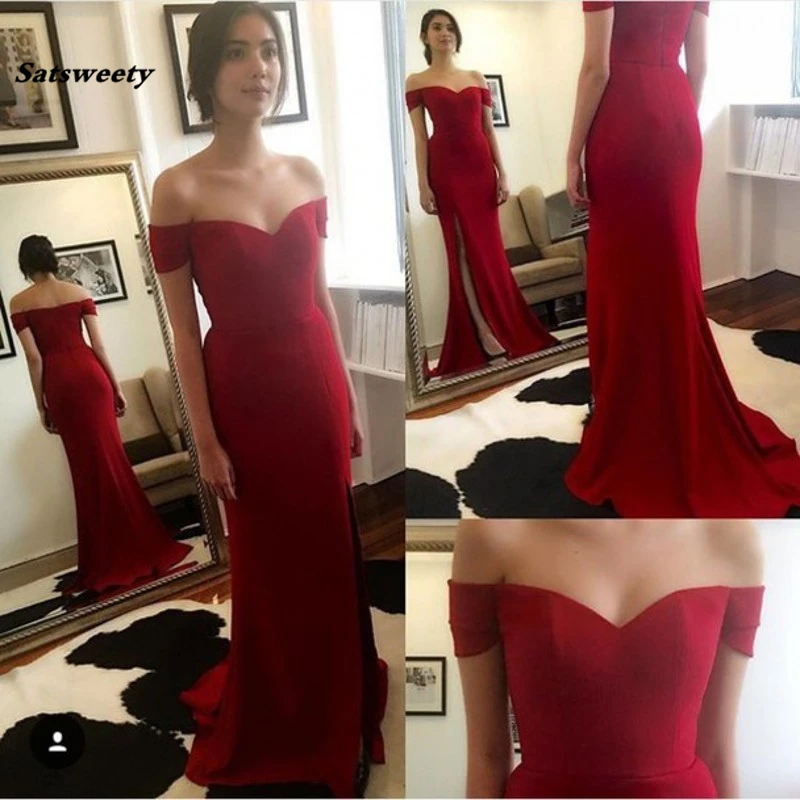 New Arrival Off the shoulder Sexy Red Bridesmaid Dress Sweetheart Neckline A line Side Slit Long Bridals Prom Dresses