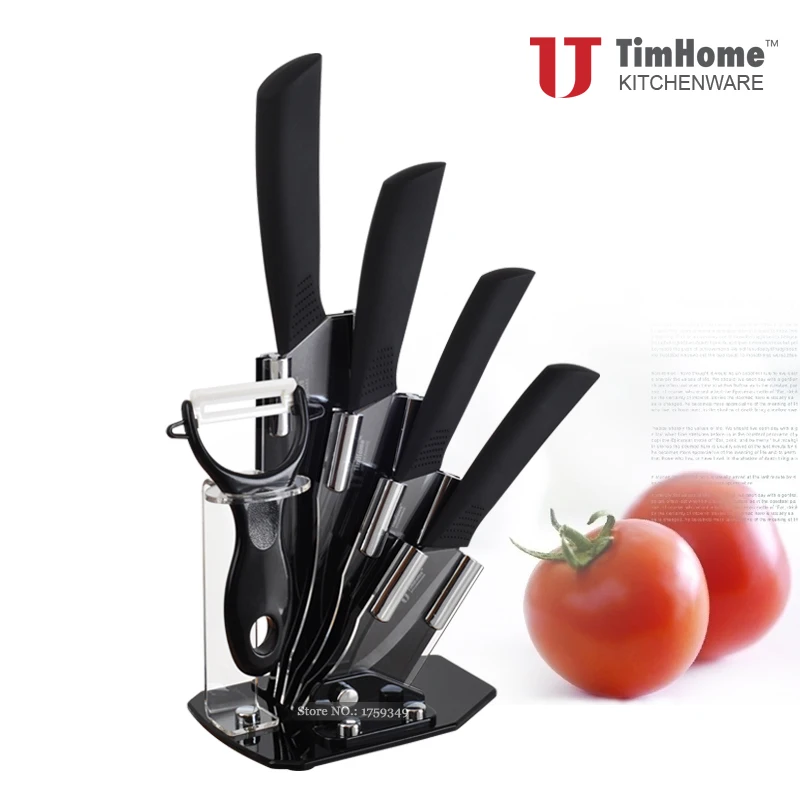 

Ceramic knife set 6pcs kitchen knives with holder meat cutter colorful Timhome hot sale kitchen tool cutter meat knives