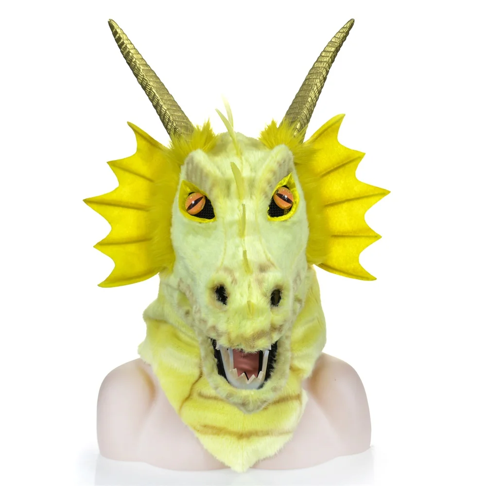 2022 HuiTai plush  handmade Cosplay moving mouth mask  yellow dargon  party-masks cosplay props