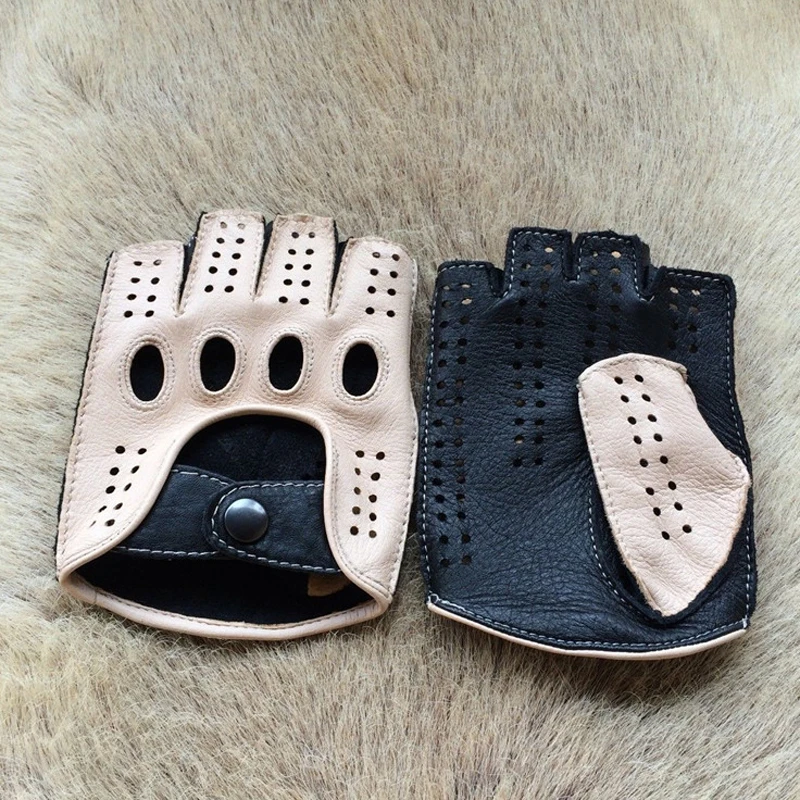 Gants de Luxe en Cuir group pour Homme, Mitaines Demi-Doigt, Sans Doublure, en Peau de Chèvre, Nouvelle Collection