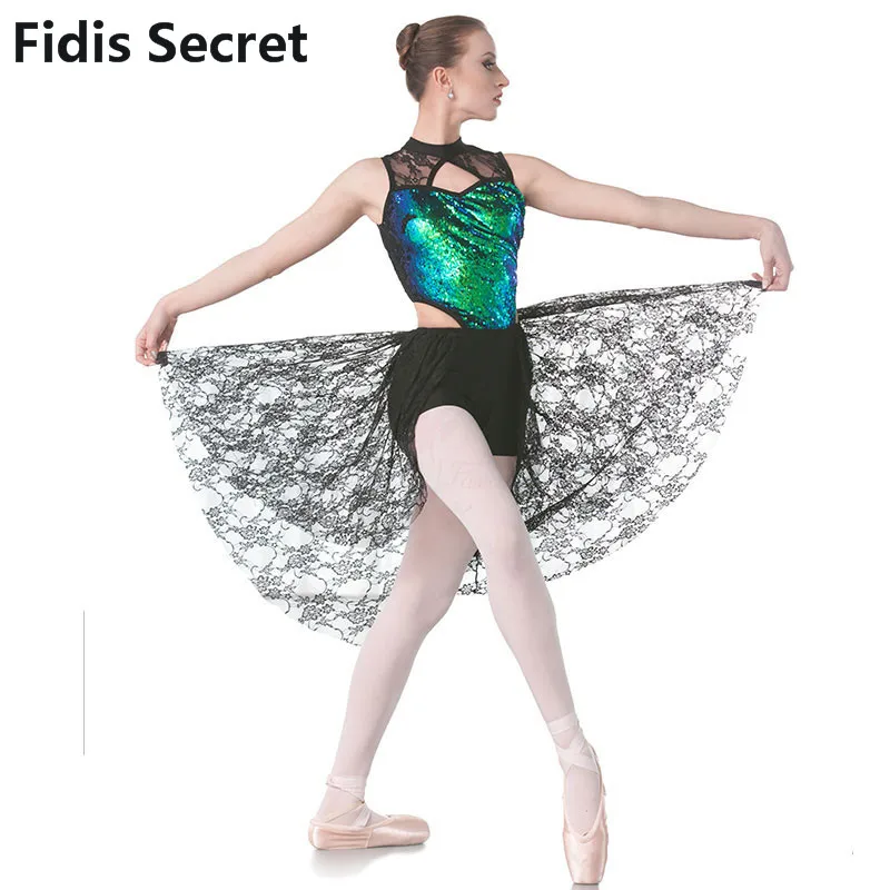 New Lyrical Dress w/Green Sequin Black Lace for Women/Girls Ballet/Contemporary Performance Dance Costume Lady Jazz Stage Wear