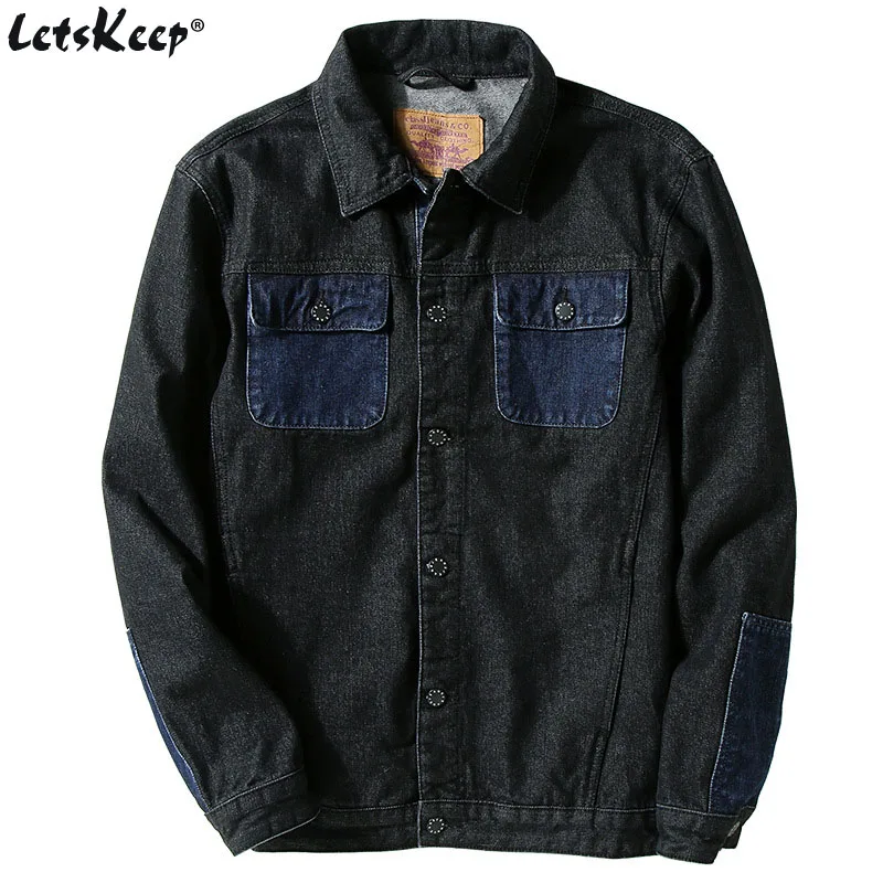 

2019 LetsKeep Black Denim jeans jacket men outwear patchwork jackets cowboy Turn-Down Collar Spring jackets coat Big size, MA555