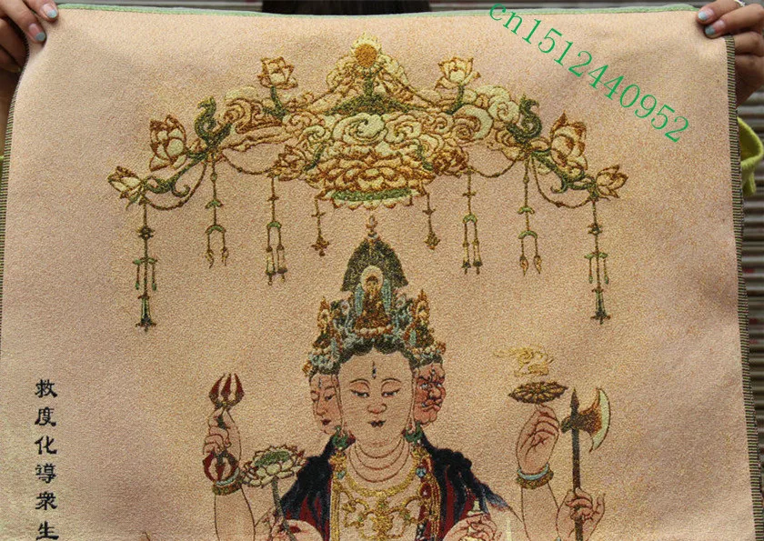 36 inch Chinese Silk embroidery 3 Head 10 Arms Kwan-yin Guan Yin Thangka Paintings Mural