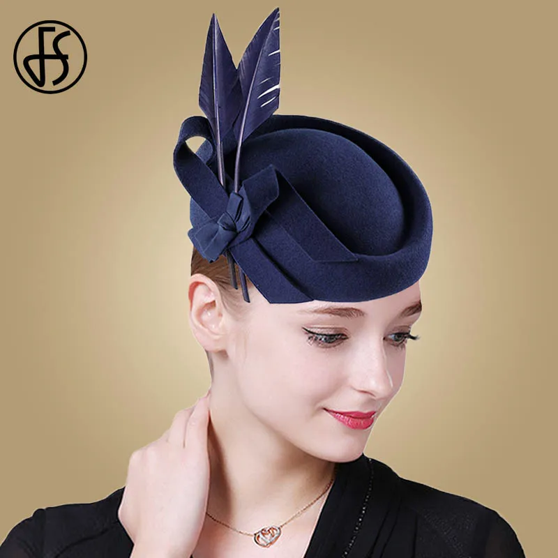 FS Royal Blue Women Feather Hat Fascinator For Wedding Black Wool Fedoras Felt Hats Elegant Lady Derby Church Party Hats