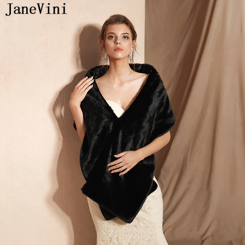 JaneVini Elegante Nero Corto Da Sposa Scialle di Pelliccia del Faux e Inverno Involucro Morbido Formale Partito di Promenade Delle Signore Del Rivestimento Del Capo Bolero De mariage