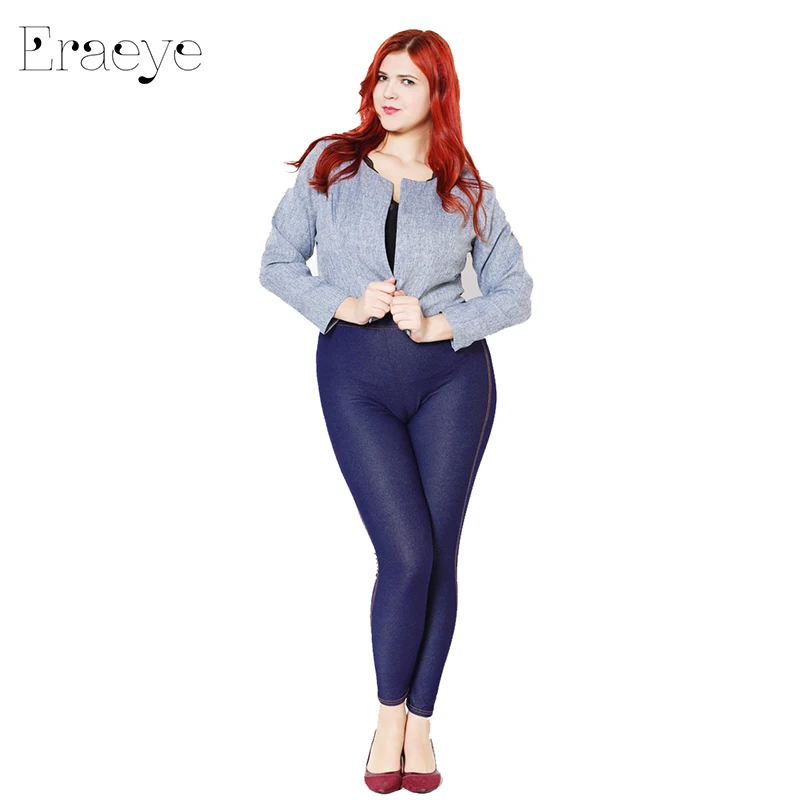 ERAEYE – faux jean pour femme, pantalon, grande taille 5xl, haute élasticité, slim, noir, bleu, Denim, Sexy, crayon, taille moyenne