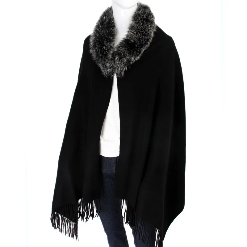 Cashmere scarf fox fur trim autumn winter spring natural fox fur 100% pure cashmere Black color scarf cape S34