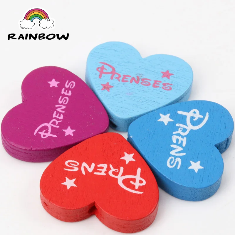 Mixed Color Wooden Letter Pattern Lovely Heart Shape Spacer Beads  For Kids Handmade Jewelry Making DIY 23x21mm 50pcs