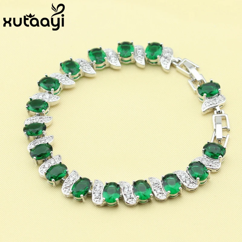 Hot Sell Fashion Silver Color Jewelry Green Imitated Emerald White Austrian Crystal Chain-Link Bracelet length 18+2cm For Women