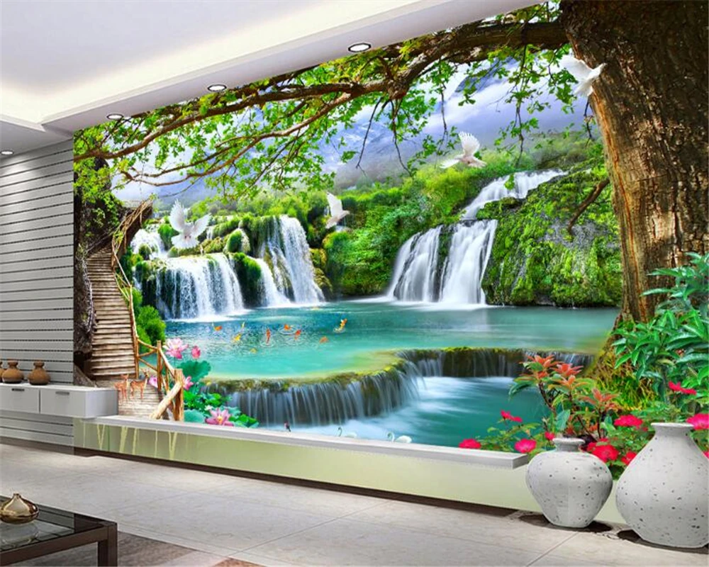 

beibehang Custom Fashion papel de parede Wallpaper Simple Casual Green Tree Forest Waterfall Personality Landscape Background