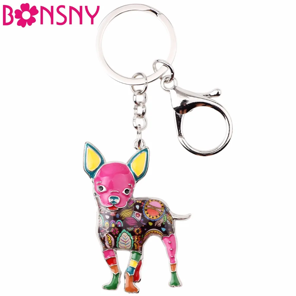 Bonsny Enamel Alloy Cute Chihuahuas Dog Key Chain Keychains Ring Gift For Women Girls Bag Car Pendant Fashion Animal Jewelry New