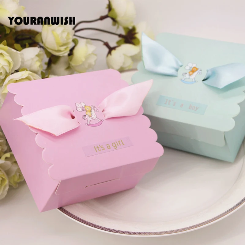 

New Blue Pink Baby Shower Favors Gifts Candy Boxes Party Gift Box Sweets Chocolates Turquoise Square Box 50pcs/lot Free Shipping