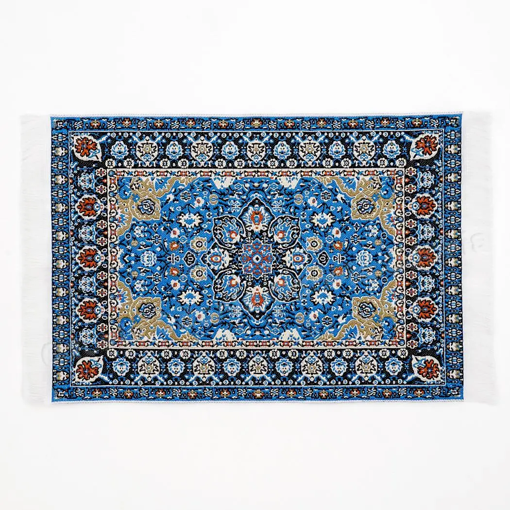 

Odoria 1:12 Miniature Blue Floral Print Vintage Woven Carpet Rug Blanket Living Room Ornament Dollhouse Accessories Decoration