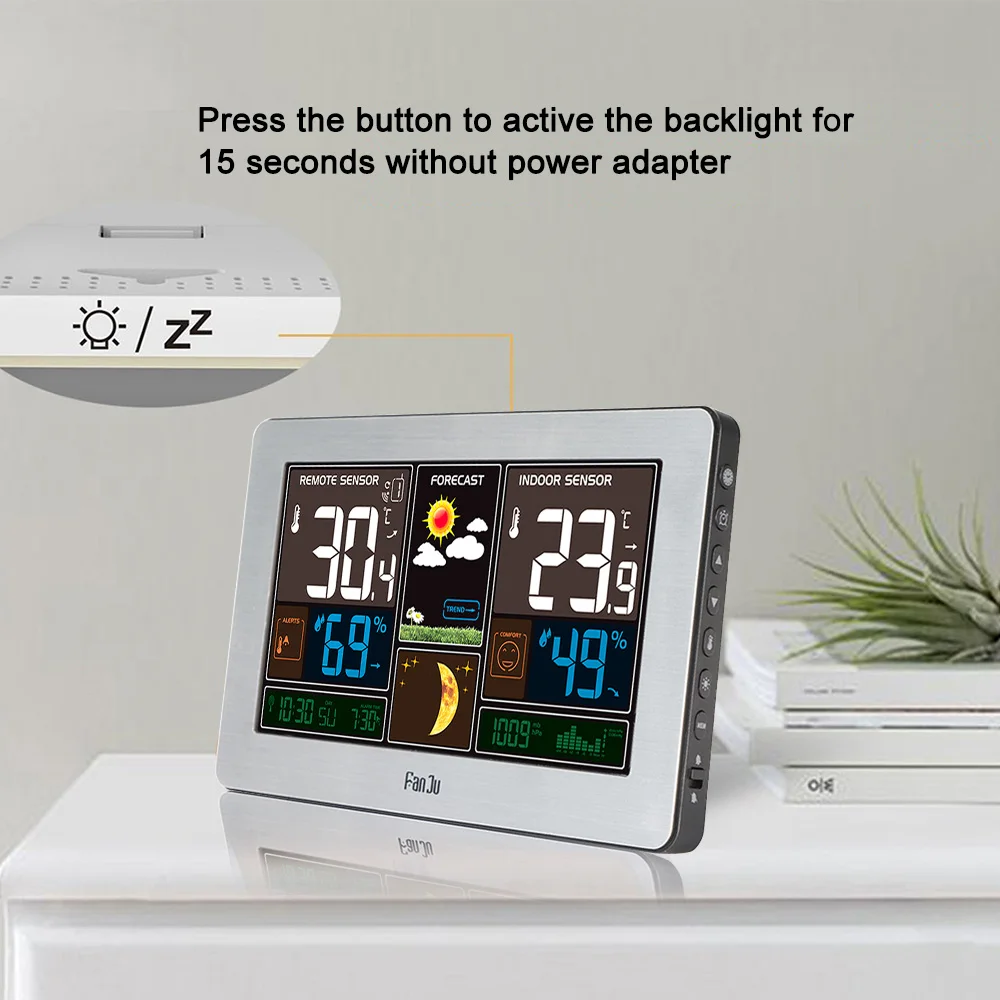 FanJu FJ3378 Wireless Weather Station Wall Digital Clock Barometer Thermometer Hygrometer Sensor Forecast Colorful LCD Display