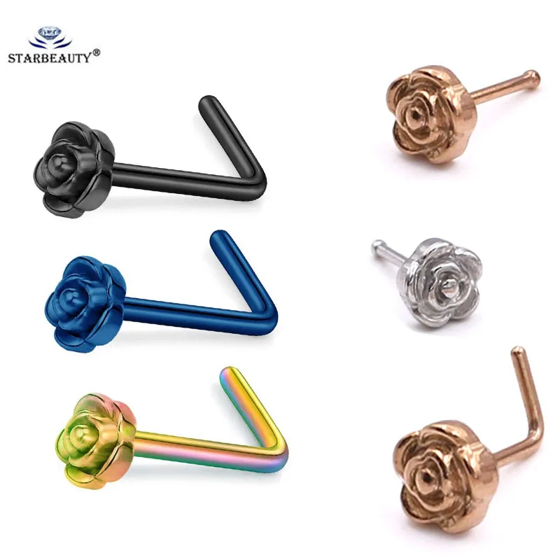 1Pc 20G Titanium Nose Stud L Bone Shape Elegant Rose Flower Charm Nose Ring Earring Silver-Color Hoop Stud Body Piercing Jewelry