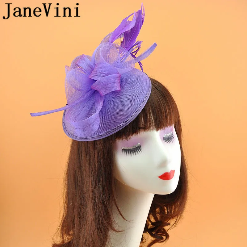 JaneVini Green Purple Women Fascinator Feather Bridal Hat Hairband Wedding Fascinators Hats Burgundy Floral Tiaras Fleur Cheveux