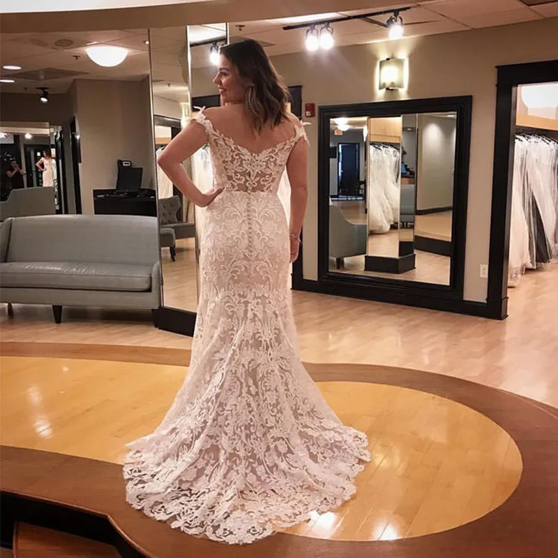 Vintage 2019 Wedding Dresses Off The Shoulder Lace Bridal Gowns Sheath Style Cap Sleeves Vestido De Noiva Custom Wedding Gown