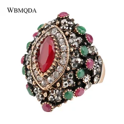 Wbmqda Ethnic Style Vintage Rings For Women Retro Crystal Flowers Red Resin Ancient Gold Color Finger Ring Turkey Jewelry