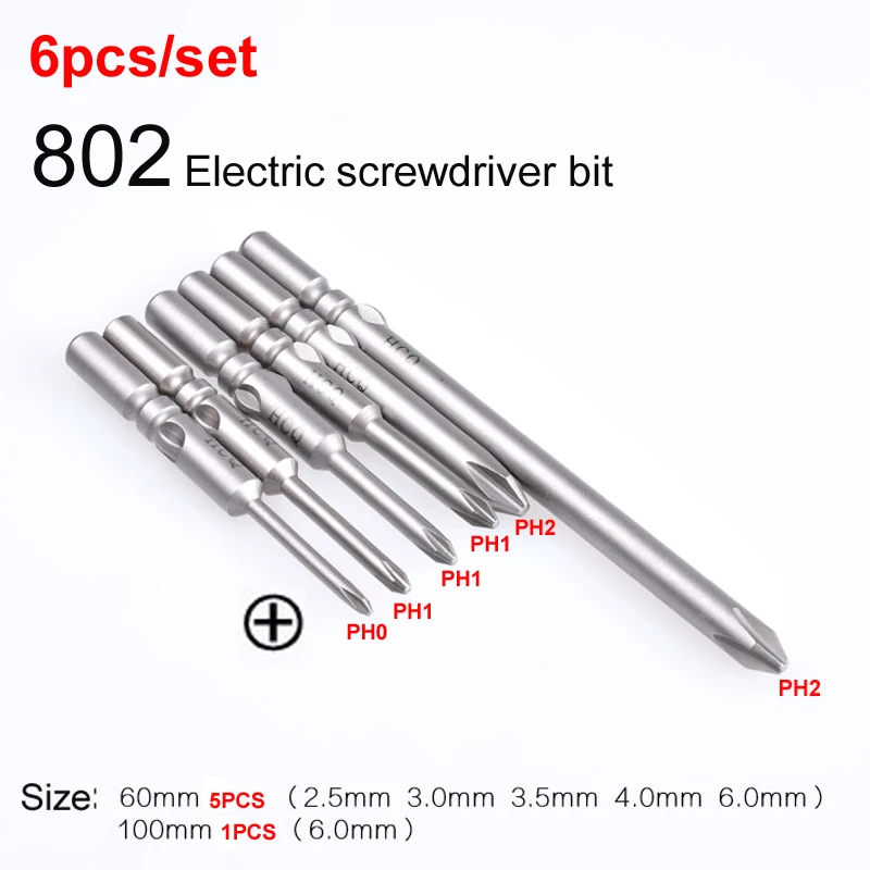 

6pcs/lot 802 6mm Round Shank Magnetic Phillips Cross Electric PH0 PH1 PH2 Screwdriver bits 60mm 100mm length