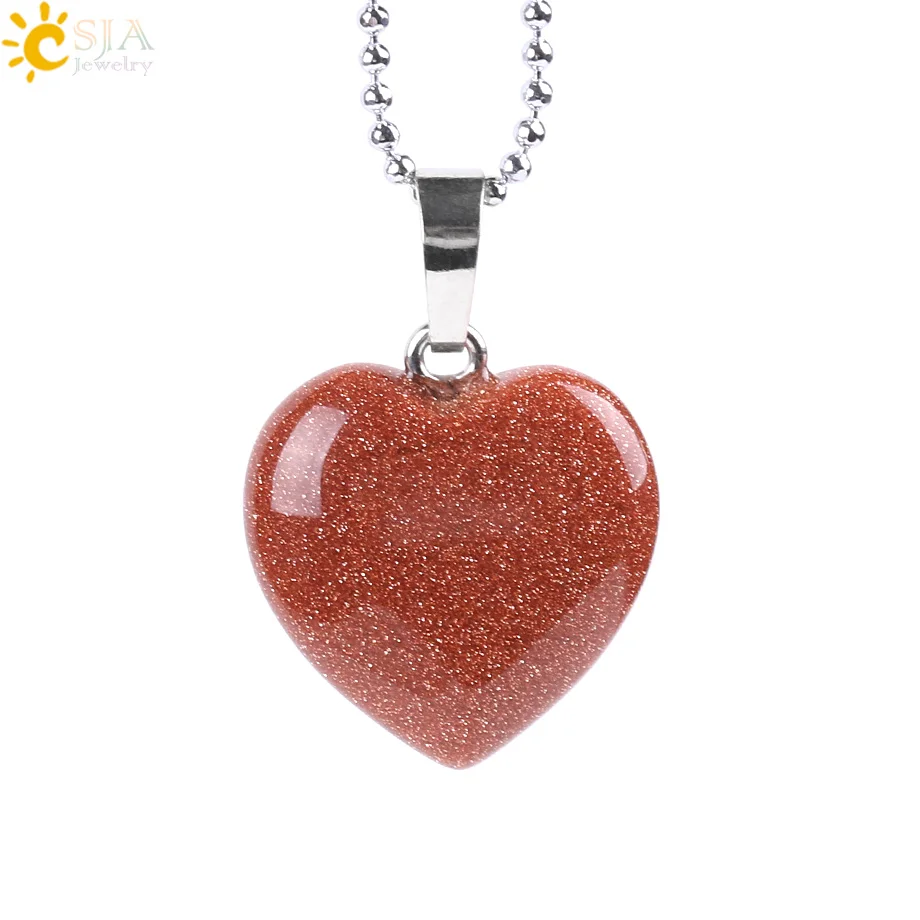 CSJA Natural Stone Heart Necklace Reiki Healing Crystal Blue Brown Sand Opal Pendant Lover Chain Jewelry E757