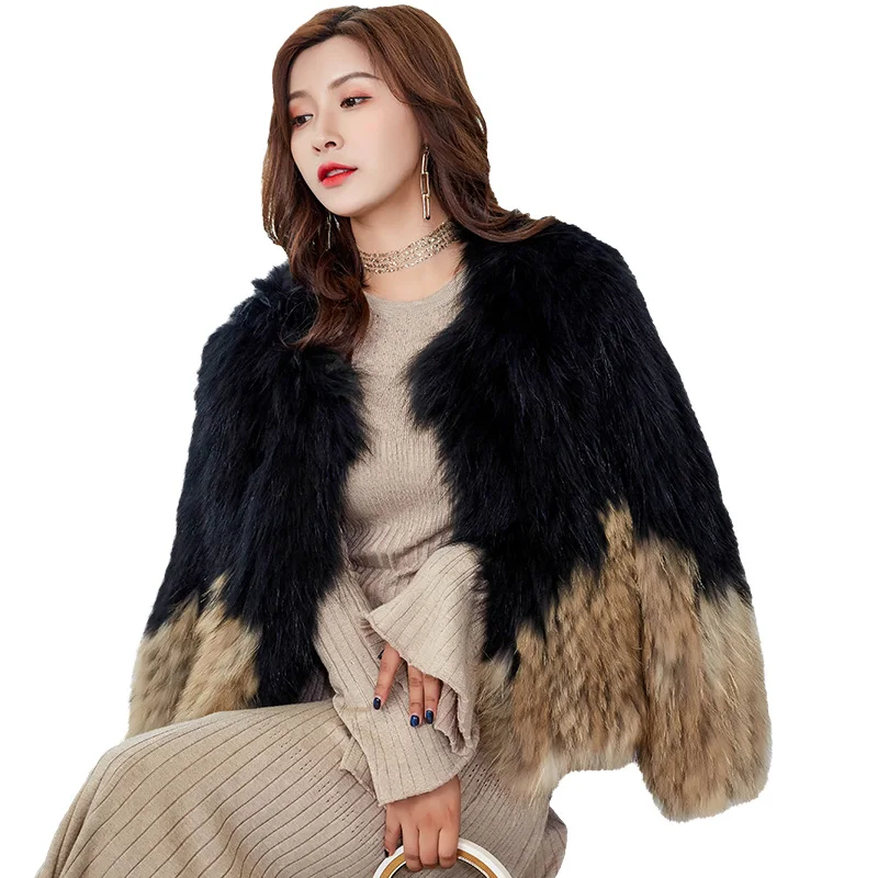 New Arrival Knitted Real Raccoon Fur Coat O Collar Genuine Raccoon Jacket Nature Double Color OEM Coat Fur Overcoat RC312-02