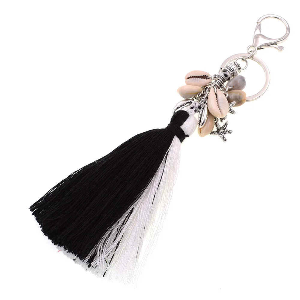 WELLMORE handmade bohemia shell with long tassel alloy Key Chain For Women Girl Bag Keychain