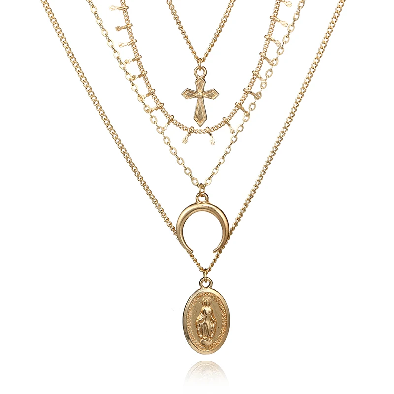 docona Bohemian Cross Madonna Moon Pendant Necklace for Women Gold Chains Charms Crescent Multi Layered Necklaces Collar 6140