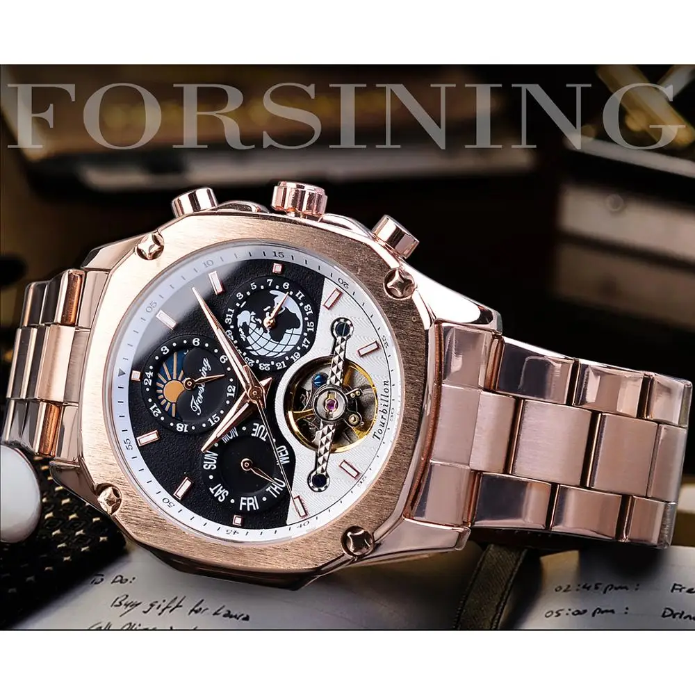 Forsining Brand Mens Mechanical Watches Super Grand Automatic Moonphase Tourbillon Earth Date Rose Gold Steel Belt Watch Relogio