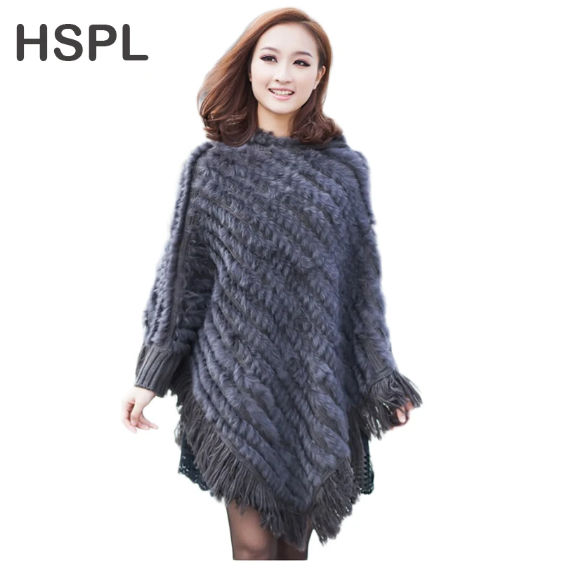 HSPL Real Rabbit fur knitted Poncho 2023 Hot sale Large Knitted Genuine  Fur Hooded Shawl Women Large  Cape Shawl For Ladies