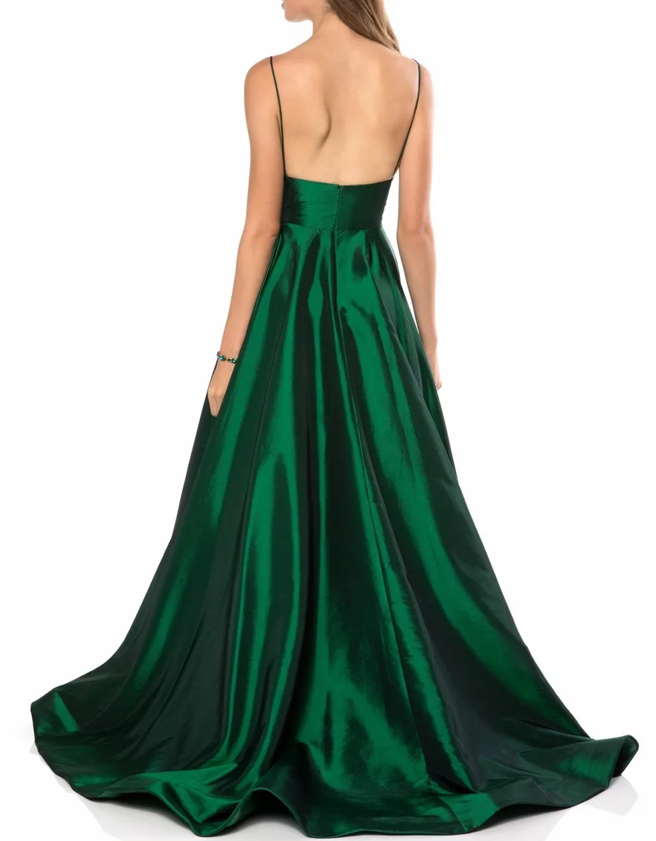 JaneVini-Vestidos De graduación De línea A, color verde oscuro, talla grande, largos, sexys, tirantes finos, tafetán, tren De barrido, Espalda descubierta, 2019