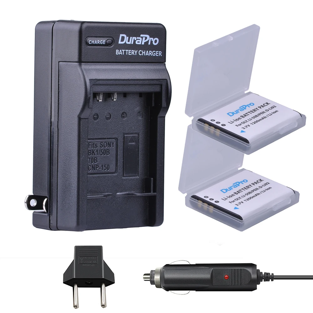 DuraPro 2pc 1200mAh Li-50B D-LI92 Li 50B D LI92 Li-ion camera Battery+Car Charger+EU plug For Olympus 1020 1010 1030 Pentax X70