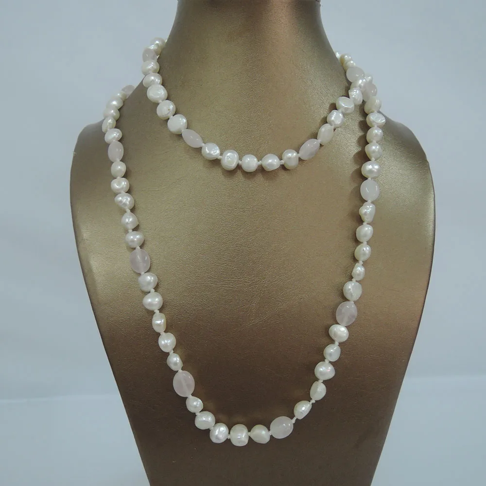 100% NATURE FRESHWATER PEARL NECKLACE and baby pink crystal beads-90 cm necklace