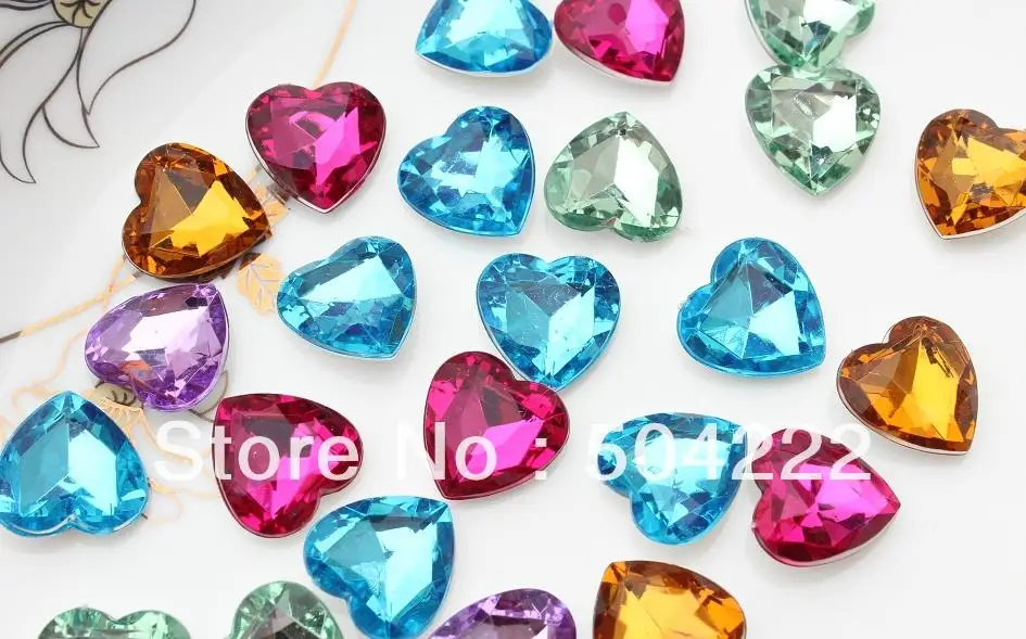 300pcs Colorful Acrylic Shiny Heart Gems Mixed Colors glitter faceted point tip back 16mm quality sparkling beads D25